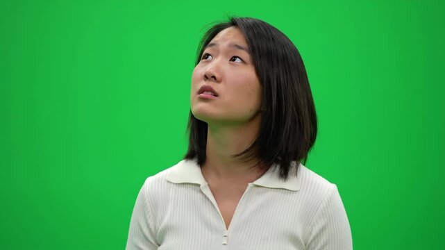 Asian woman looking up with questioning expression on green screen for compositing use