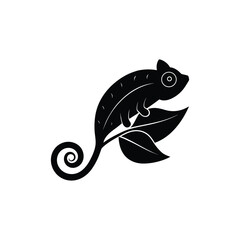Black chameleon silhouette perched on a leafy branch, isolated on a white background. This clean vector icon is perfect for a logo or graphic design element representing wildlife and adaptation
