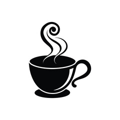 A black and white minimalist icon of a steaming cup, perfect for representing hot beverages, cafes, or a moment of relaxation