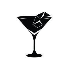 A sleek, black silhouette of a cocktail glass containing a drink and stylized ice cubes. This minimalist vector graphic icon is an isolated symbol representing a bar, beverage, or celebration