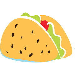 Stylized Graphic Taco Illustration with Yellow Shell Lettuce and Tomato Filling Isolated on White Background for Food Design