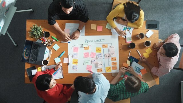 Top down aerial view of professional business people hands making scrum task board to manage workflow in workplace. Diverse smart team shaking hand and making agreement at meeting room. Convocation.