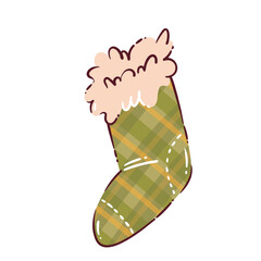 Green plaid christmas sock with fluffy beige trim in cozy festive style. Cute cartoon doodle style holiday element for cards, stickers, or winter decor, vector illustration.