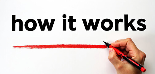 Human hand holds red marker. Writes black text how works on white background. Red line drawn under words. Image explains process, concept, method, instruction, system, guide step by step.