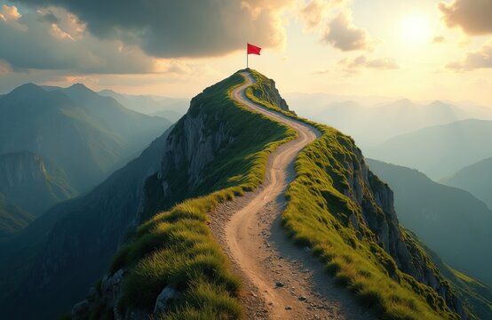 Winding dirt path leads up steep grassy mountain ridge to red flag at summit. Sun shines through clouds over distant peaks. Represents journey to success, achievement, challenge.