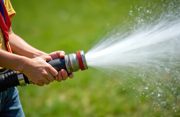 Young scout holds fire hose spraying water on sunny day. Kid learns emergency response skills and firefighter techniques. Outdoor youth training session practice.