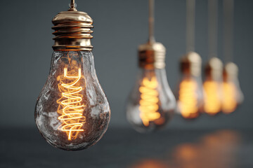 A close-up view of glowing light bulbs symbolizing creativity, innovation, and productivity in modern business and technology concepts.