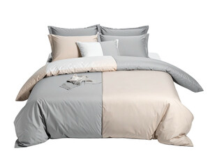 Elegant bed with soft grey and beige duvet cover