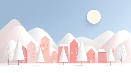 Christmas-themed illustration of a small house under a snow-capped mountain