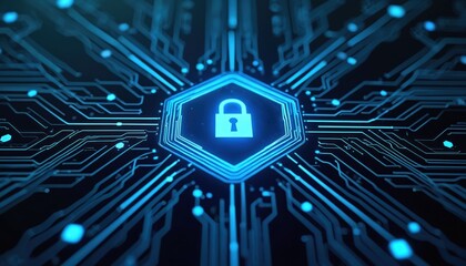 Abstract digital network with central glowing padlock symbol. Futuristic circuit board with blue illuminated lines and nodes suggests data security and connectivity. Secure cyberspace connection.