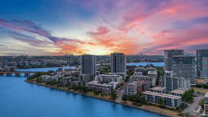 Fototapeta premium Wentworth Point a suburb in western Sydney newly built residential high rise apartments area on Parramatta River Sydney NSW Australia