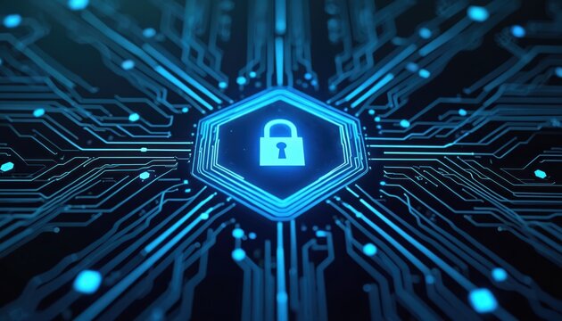 Abstract digital network with central glowing padlock symbol. Futuristic circuit board with blue illuminated lines and nodes suggests data security and connectivity. Secure cyberspace connection.