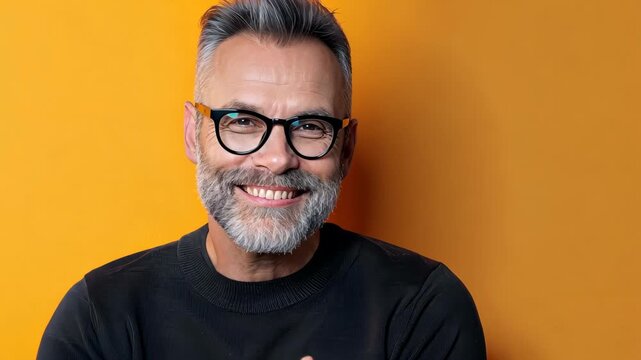 Portrait of a person with eyeglasses and a smile: An attractive person with a warm and genuine smile, wearing glasses, his eyes filled with confidence.