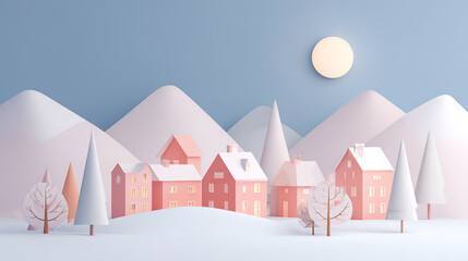 Christmas-themed illustration of a small house under a snow-capped mountain