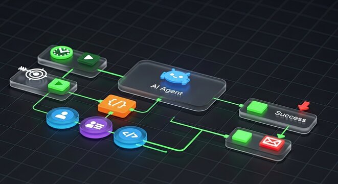 Smart Automation Artificial Intelligence Software Interface Nodes Triggers Data Tool Dashboard Coding Icon Flow. 3D Process.