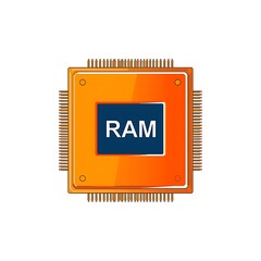Computer technology: isolated electronic memory card, CPU processor chip, and microchip components on a white background