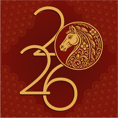 Luxury Chinese New Year 2026 Horse Symbol with Ornamental Golden Line Art on Red Background Elegant Asian Lunar Calendar Design