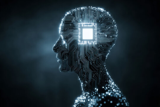 Side view of a human head integrated with glowing circuitry and a central microchip, symbolizing artificial intelligence, cybernetics, and human-machine integration.
