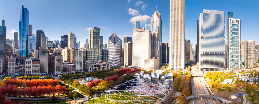 Aerial Panoramic View of Millennium Park and Downtown Chicago Skyline on a Clear Autumn Day&rdquo; November 2025

