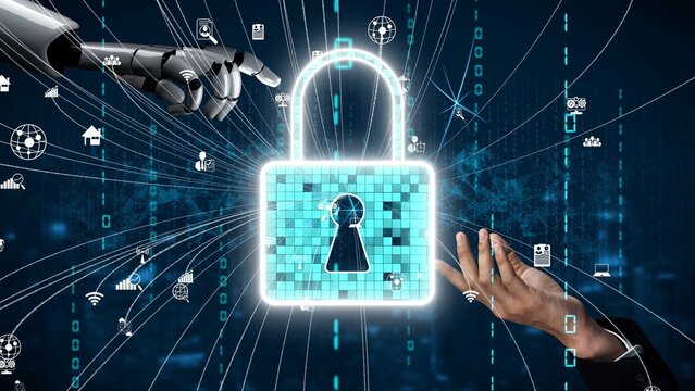 A captivating visual representation of cyber security featuring a robotic hand reaching for a digital padlock while a human hand interacts, symbolizing the fusion of technology and security. Xenic - Powered by Adobe