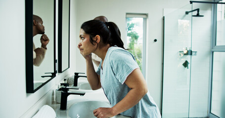 Skincare, couple and check skin in mirror for acne treatment results, pimple control and grooming....