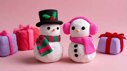 A charming and playful Christmas-themed composition featuring two adorable snowmen made of clay or plasticine standing on a soft pastel pink background. One snowman wears a black t