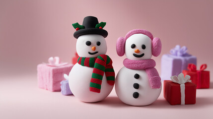 A charming and playful Christmas-themed composition featuring two adorable snowmen made of clay or plasticine standing on a soft pastel pink background. One snowman wears a black t