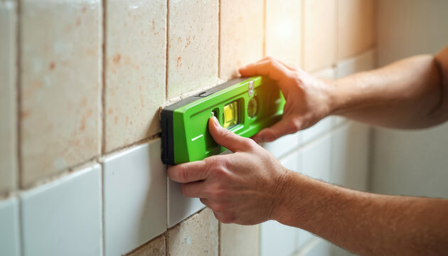 Person uses a level tool to check tile alignment. Tiler ensures straight horizontal and vertical lines during home renovation. DIY project requires precision measurement.