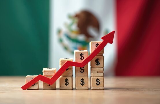 Wooden blocks with dollar signs build upward graph beside Mexican flag. Red arrow shows financial growth, increase, and positive trend. Business concept with economic data.