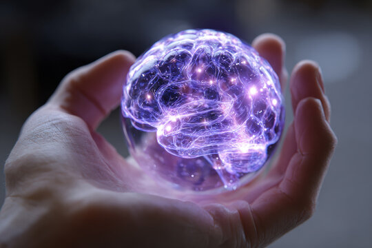 A glowing sphere of light and neural lines held in a human hand, symbolizing artificial intelligence, digital power, and the fusion of human and technological energy.