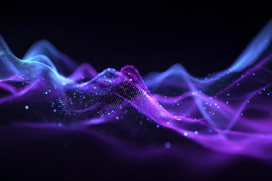 Flowing digital waves made of glowing particles and lines, symbolizing artificial intelligence, data flow, and futuristic information technology.