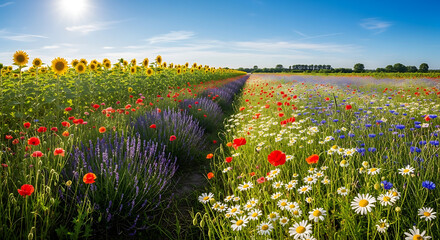A vibrant field of sunflowers and diverse wildflowers under a bright sunny sky.