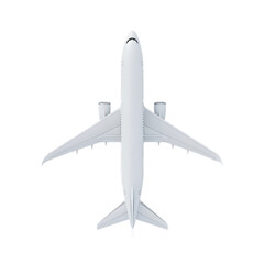 Top-down view of a sleek white passenger airplane isolated on a clean white background, ready for flight.