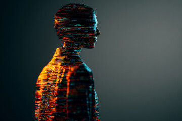 Side view of a human figure overlaid with glowing programming code, symbolizing artificial intelligence, machine learning, and the digital evolution of consciousness.