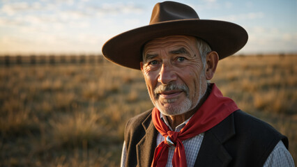 Fototapeta premium Portrait of a senior Argentinian gaucho in traditional clothing. Elderly rancher with a weathered face wearing a hat in a rural field at sunset