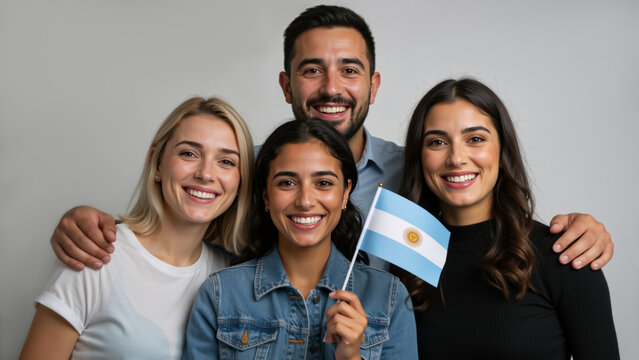 Happy group of diverse friends holding an Argentinian flag. Smiling young adults showing national pride and patriotism