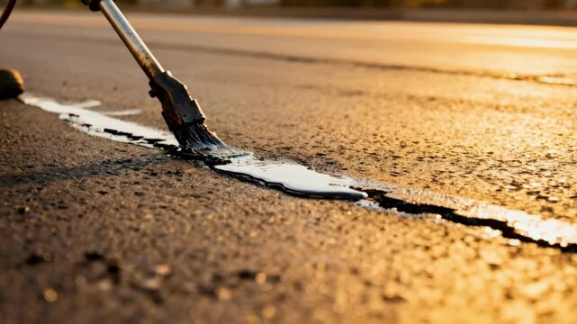 Medium shot focused on dry weather asphalt crack filling highlighting clean surface preparation and precise application for effective gap sealing