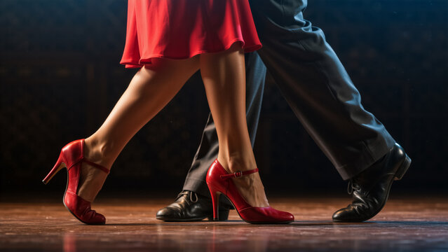 Close-up of a couple's legs dancing the tango. Woman in red high heels and man in black shoes on a wooden stage floor. Passionate Argentine ballroom dance performance