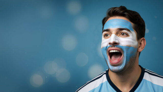 Passionate Argentina soccer fan with face paint shouting in excitement. Male supporter cheering for his national team during a game. Copy space for text