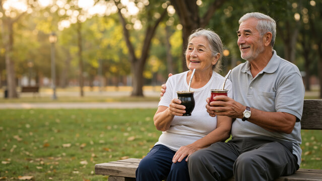 Happy senior Argentinian couple drinking mate tea on a park bench. Elderly man and woman enjoying their retirement lifestyle together outdoors. Copy space for text.