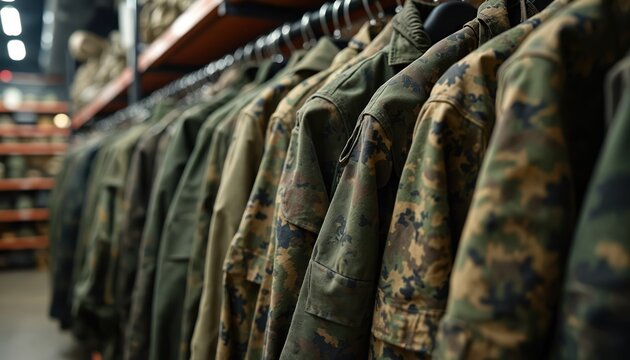 Military style jackets and pants with camouflage pattern hang on rack in retail store. Clothes for hunting and outdoor adventure in shop display. Tactical apparel for field operations.