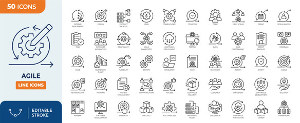 Minimalist Agile outine icons set with editable stroke. featuring icons of various software development, plan, testing, process, scrum and more. thin linear illustration.	