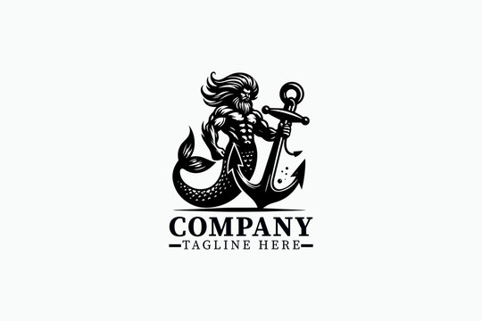 Powerful Merman Anchor Logo Vector &ndash; Strong Black and White Masculine Mermaid Warrior Holding Anchor, Mythical Ocean Fantasy Character Silhouette for Branding, Tattoo, Mascot, and Nautical Design