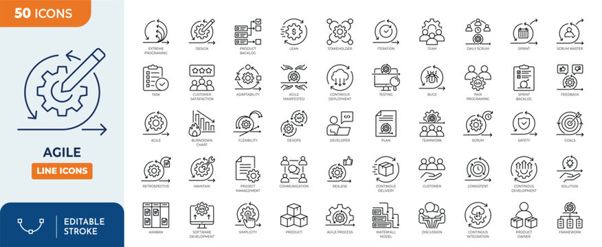 Minimalist Agile outine icons set with editable stroke. featuring icons of various software development, plan, testing, process, scrum and more. thin linear illustration.	