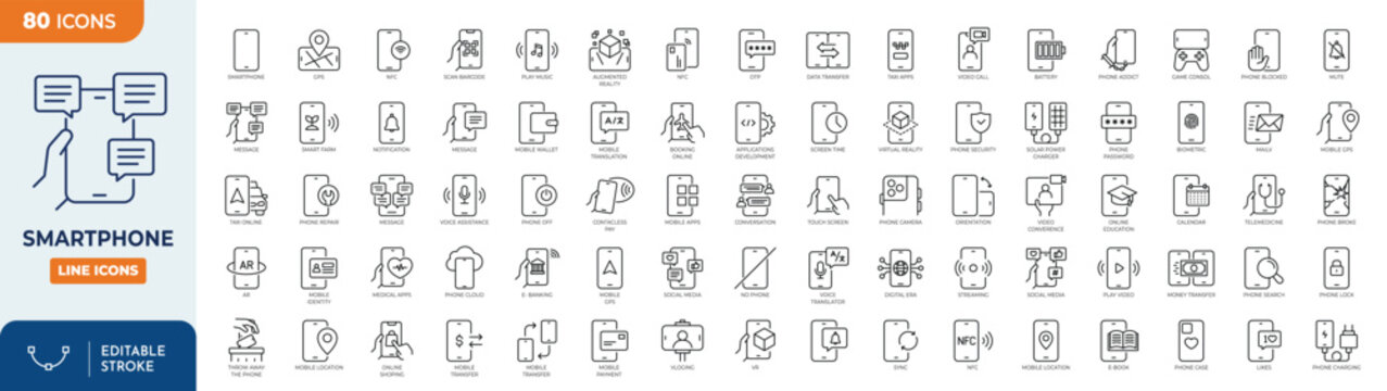 Minimalist Smartphone outine icons set with editable stroke. featuring icons of various Smartphone function and notifications. thin linear illustration.	