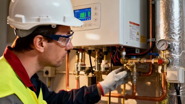Efficient boiler servicing with a technician using advanced tools and safety gear to optimize energy use and prolong equipment lifespan.