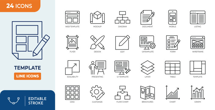 Minimalist Template outine icons set with editable stroke. thin linear illustration. Vector illustration