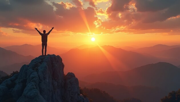 Silhouette of person with open arms on rocky mountaintop at sunrise. Majestic orange sky with clouds and sun rays over layered mountains. Represents achievement, freedom, and positive outlook.