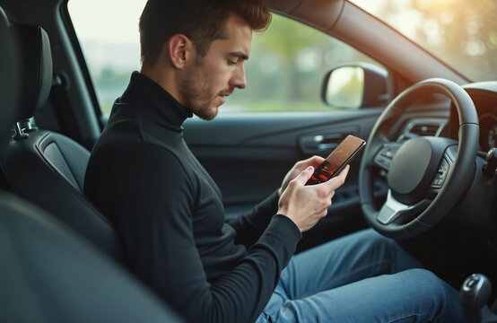 Young man sits in car interior, holding modern mobile phone. He uses smartphone for communication, browsing social media, checking stock market or news apps. Male driver looks at device screen.