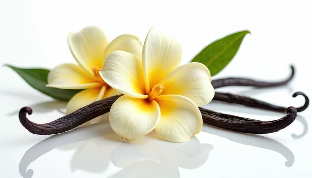 Close-up of delicate vanilla flowers with long dark pods and green leaves on a clean white background. Natural flavor ingredient for desserts and cooking. Beautiful aromatic plant.
